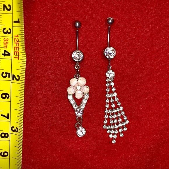 2 sexy dangle belly navel rings silver rhinestone! - Picture 2 of 2